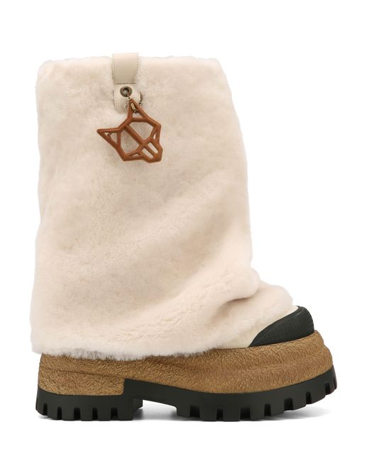 Naked Wolfe Natural Shearling Canvas Chunky Ankle Boots