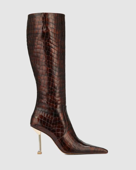 Naked Wolfe Brown Croc Patent Leather Pointed-Toe Heeled Boots
