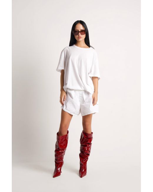 Naked Wolfe Crinkle Patent Leather Heeled Boots in Red | Lyst