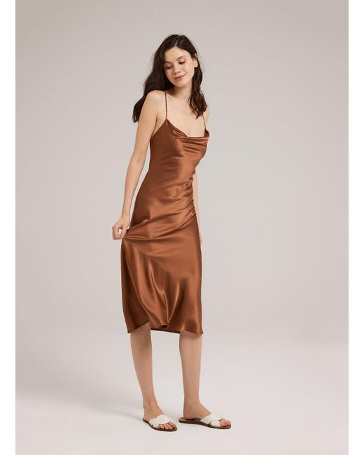 Nap Brown Silk Satin Slip Midi Dress