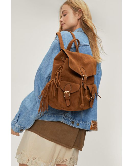 Nasty Gal Blue Faux Suede Fringed Backpack