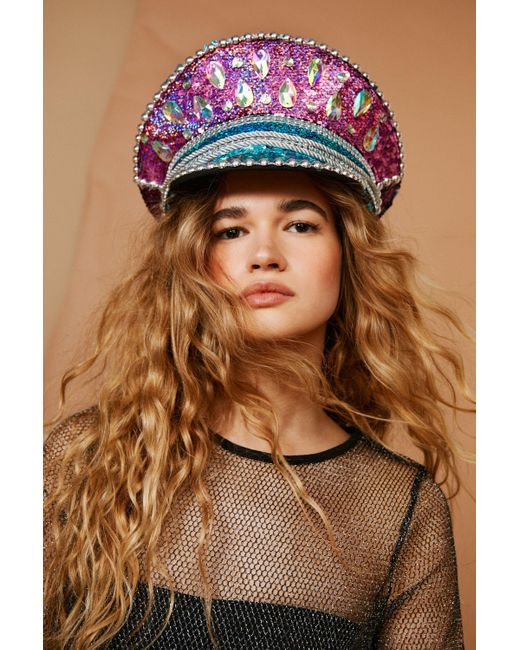 Nasty Gal Embellished Diamante Sequin & Studded Party Hat in Brown | Lyst