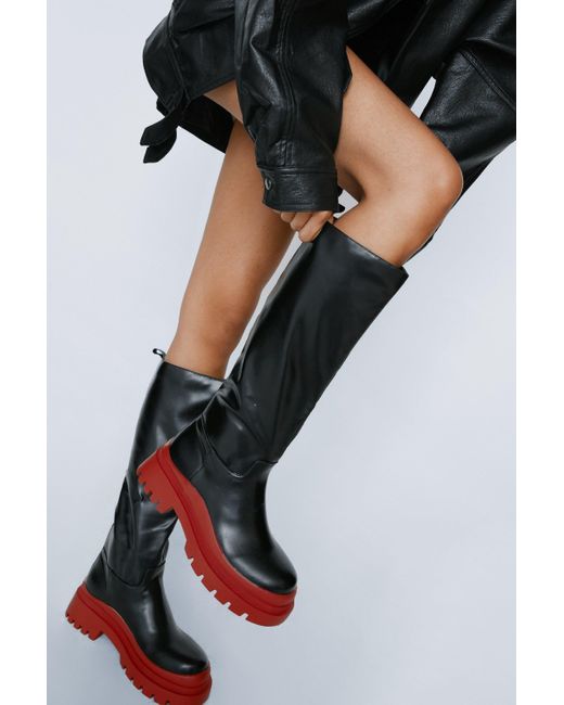 Nasty Gal Faux Leather Chunky Knee High Boots in Black Lyst