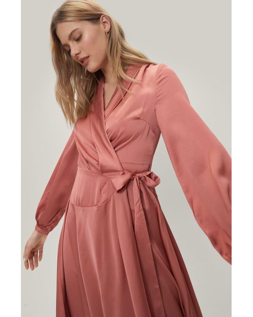 Nasty Gal Satin Long Sleeve Maxi Wrap Dress in Rose (Pink) | Lyst Canada