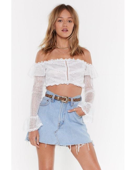 white ruffle bardot top