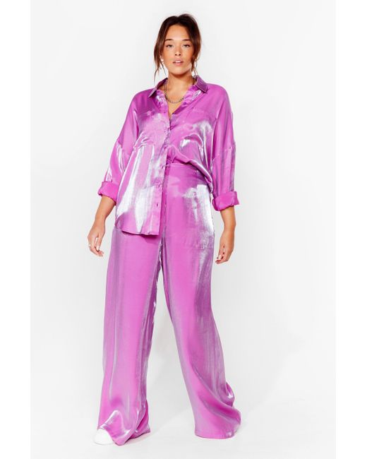 Slacks and Chinos Wide-leg and palazzo trousers Nasty Gal Satin Shimmer High Waisted Wide Leg Trousers in Purple Womens Clothing Trousers 