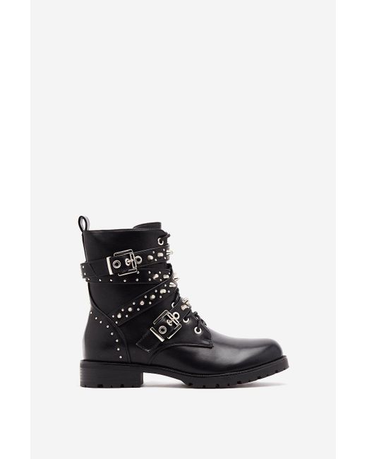 Nasty Gal Studded Lace Up Biker Boots in Black | Lyst
