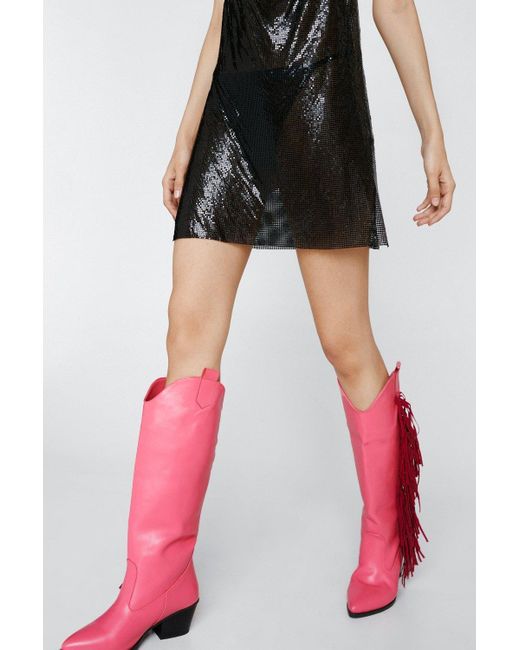 Nasty Gal Synthetic Faux Leather Tassel Knee High Cowboy Boots in Pink |  Lyst