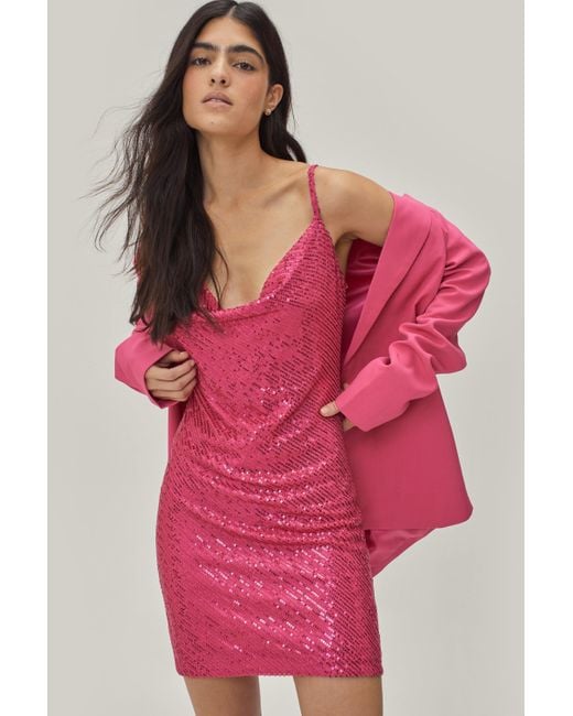 Nasty Gal Synthetic Cowl Neck Sequin Mini Dress in Pink - Lyst