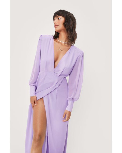 Nasty Gal Synthetic Sheer Sleeve Maxi Slit Wrap Dress in Lilac (Purple) |  Lyst