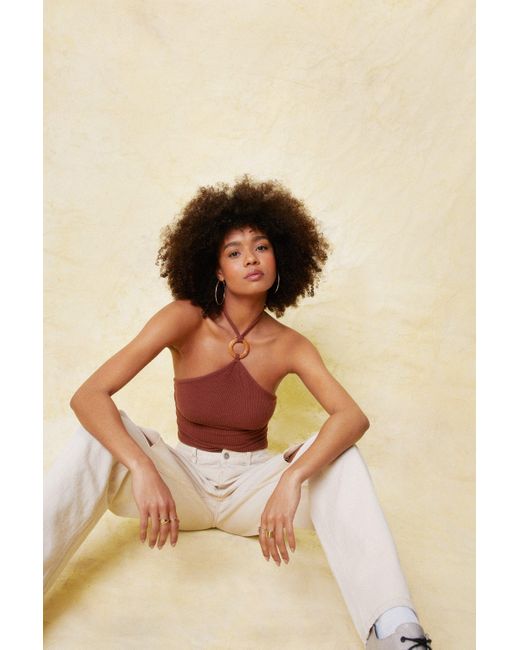 Nasty Gal Ribbed O-ring Detail Halter Neck Top in Brown | Lyst