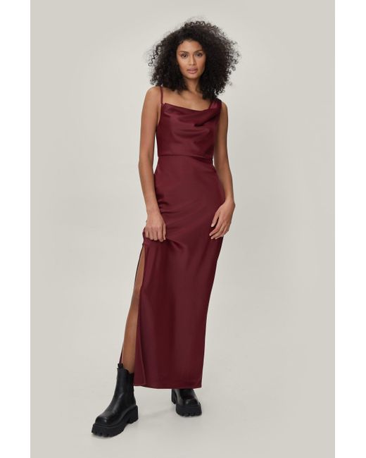 Nasty Gal Draped Shoulder Cowl Neck Satin Maxi Dress in Red | Lyst