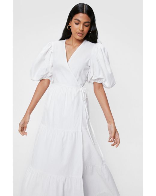 Nasty Gal Linen Look Puff Sleeve Wrap Midi Dress in White | Lyst