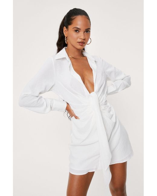 Nasty Gal Deep V Neck Tie Front Shirt Dress in White | Lyst