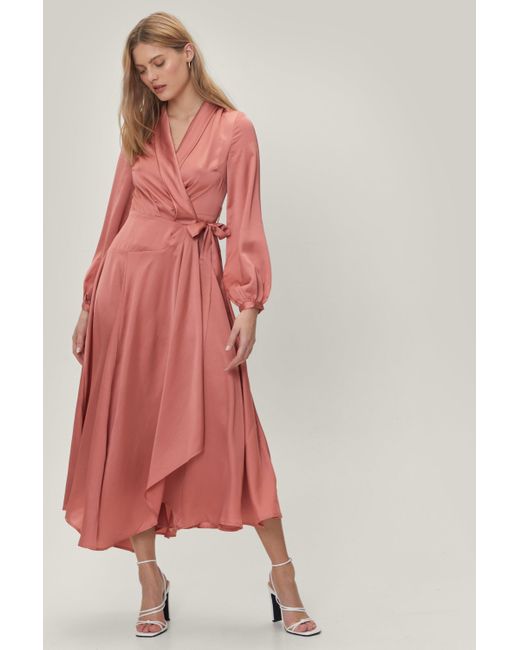 Nasty Gal Pink Satin Long Sleeve Maxi Wrap Dress