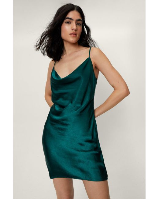 asos design high shine satin cowl neck mini shift dress