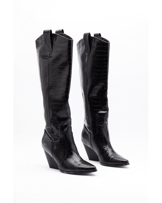 black croc calf height heeled boots