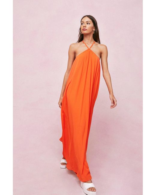 Nasty Gal Chiffon Halter Neck Pleated Maxi Dress In Orange Lyst