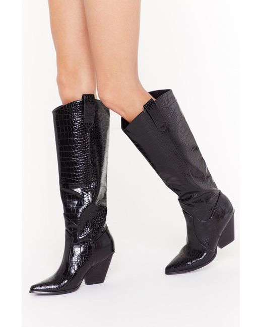 black croc calf height heeled boots