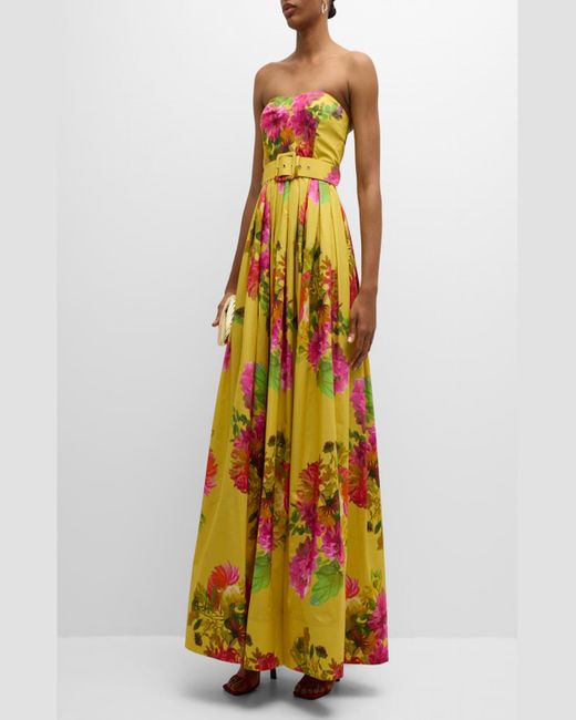 Cara Cara Yellow Greenfield Strapless Belted Floral Poplin Gown