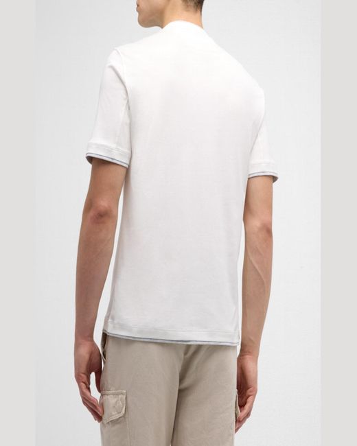 Brunello Cucinelli White Cotton Crewneck T-Shirt With Tipping for men