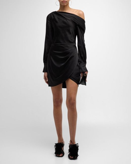 Jonathan Simkhai Black Cameron One-Shoulder Wrap-Skirt Satin Mini Dress