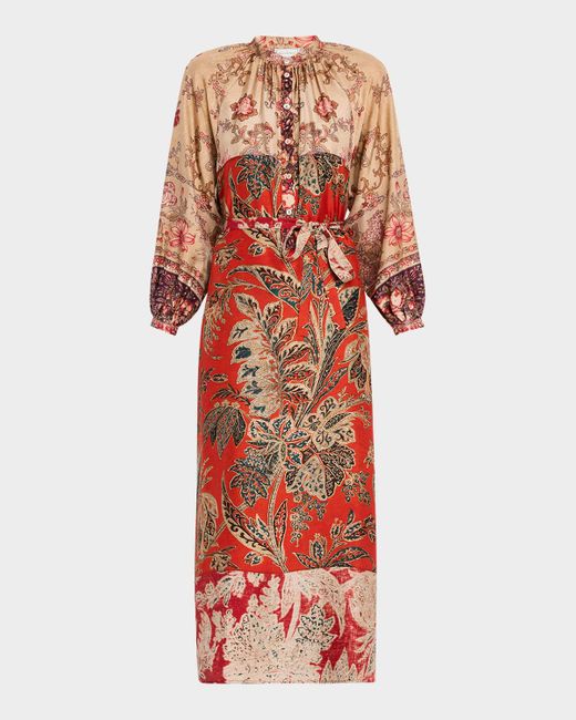Pierre Louis Mascia Red Floral-Print Silk Midi Dress