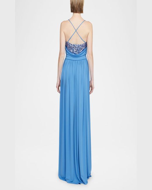 Halston Heritage Blue Jeanne Sequin Layered Matte Jersey Gown