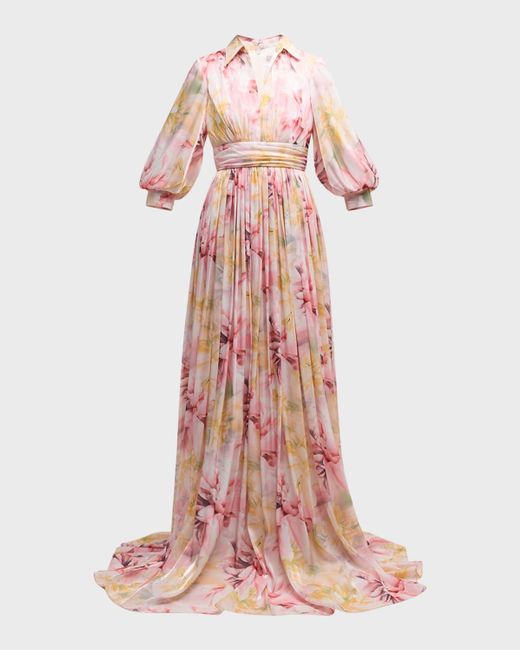 Badgley Mischka Blouson Sleeve Shimmer Floral Print Empire Gown in Pink Lyst