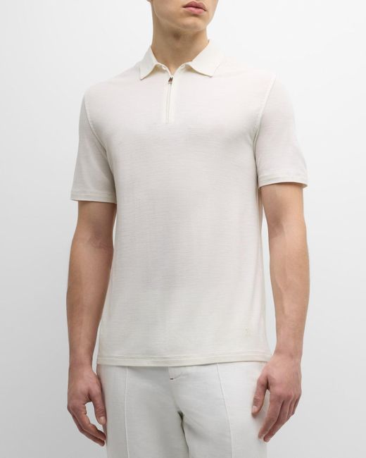Isaia White Wool Quarter-Zip Polo Shirt for men
