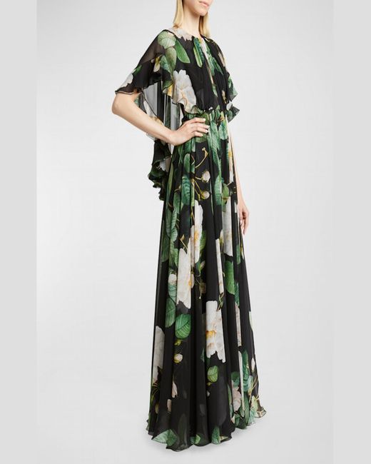 Giambattista Valli Green Floral-Print Gathered Chiffon Ruffle-Cape Maxi Dress
