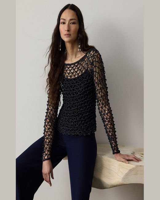 Planet By Lauren G - Cotton Metallic Crochet Boatneck Sweater