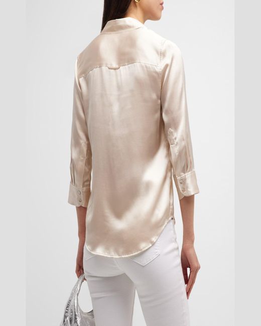 L'Agence Blue Dani Silk Satin 3/4-Sleeve Button-Down Blouse