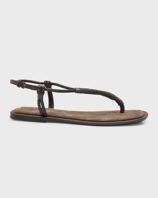 Brunello Cucinelli Metallic Monili Leather Thong Slingback Sandals