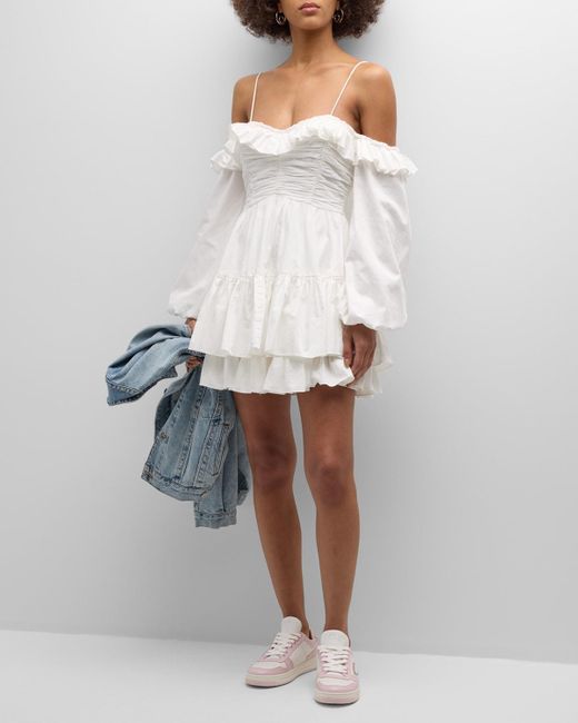 LoveShackFancy White Zennia Off-Shoulder Tiered Cotton Poplin Blouson-Sleeve Mini Dress