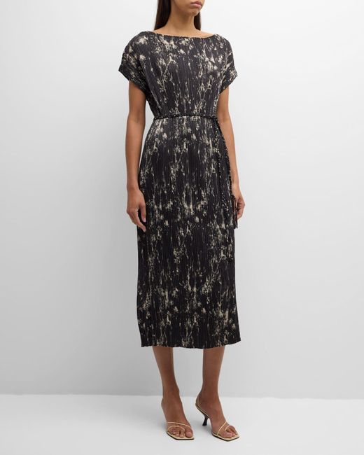 Lafayette 148 New York Black Pleated Abstract-Print Dolman-Sleeve Midi Dress