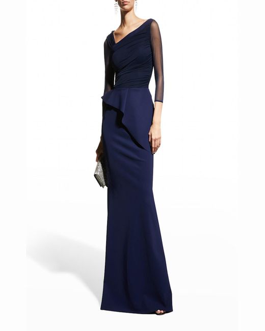 La Petite Robe Di Chiara Boni Blue Rippy Asymmetrical 3/-Sleeve Illusion Gown