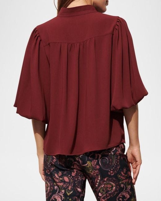 Figue Red Dani Lantern-Sleeve Split-Neck Top