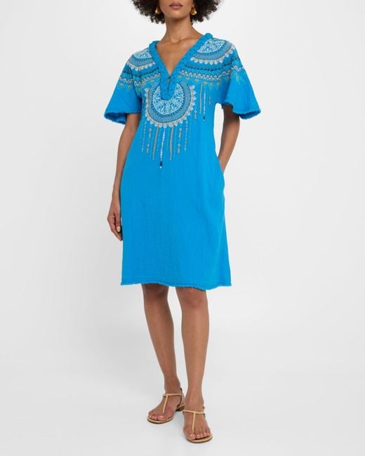 Johnny Was Kastoria Embroidered Cotton Gauze Dress in Blue | Lyst Johnny Was Kastoria Embroidered Cotton Gauze Dress in Blue | Lyst