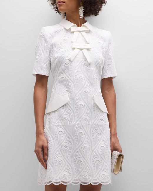 Badgley Mischka White Bow-Front Lace Mini Dress