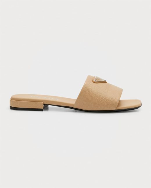 Prada White Calfskin Logo Flat Slide Sandals