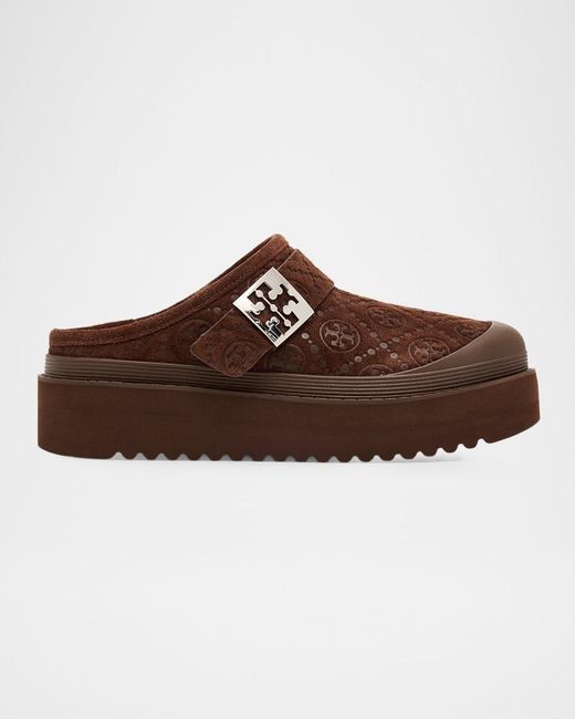 Tory Burch Brown Mellow Shearling Platform T Monogram Mules