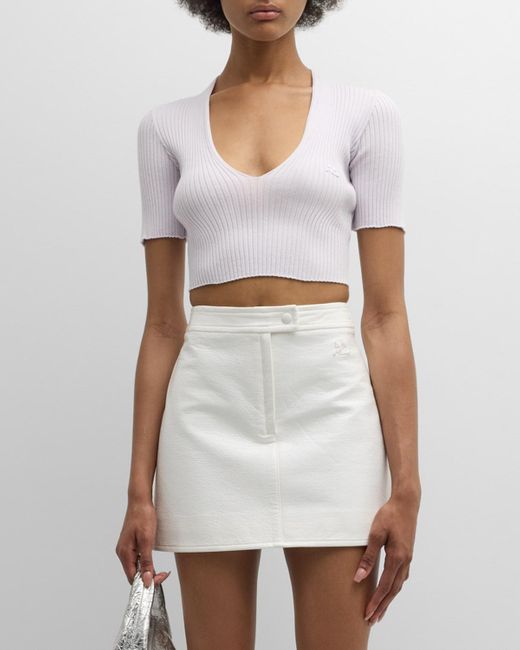 Courreges White V-Neck Short-Sleeve Rib Crop Sweater