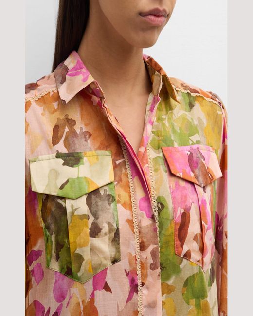Evi Grintela Red Isla Botanical-Print Lace-Trim Midi Shirtdress