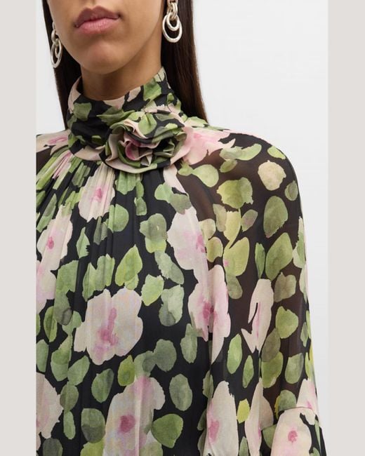 Teri Jon Green Turtleneck Floral-Print Chiffon Gown