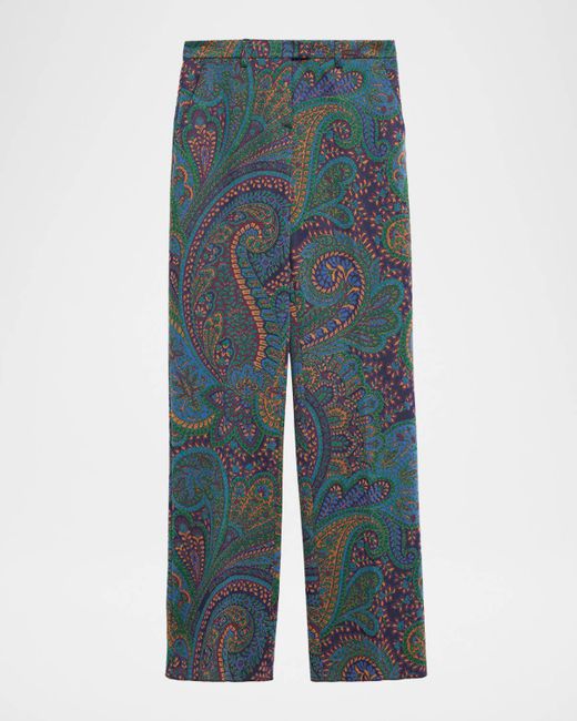 Etro Blue Paisley Knit Jacquard Straight-Leg Pants