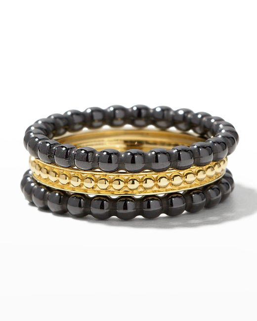 Lagos Metallic 18k Gold & Black Caviar Rings, Set Of 3, Size 7