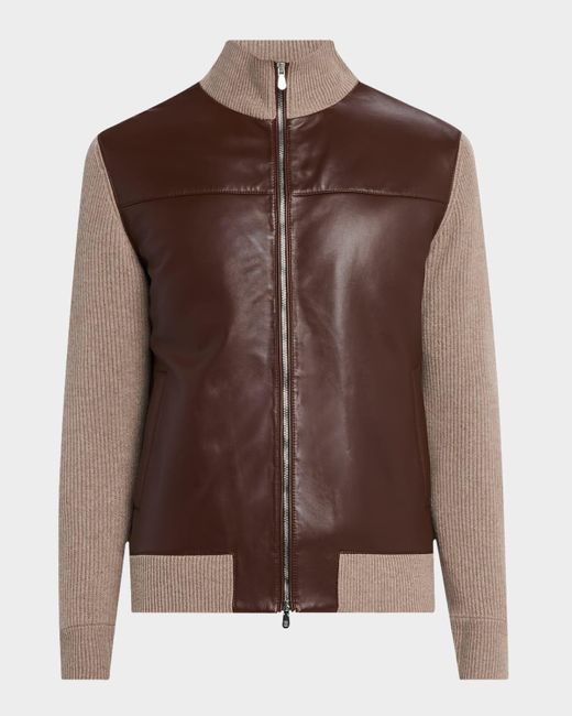Brunello Cucinelli Brown Leather And Cashmere Knit Full-Zip Jacket for men