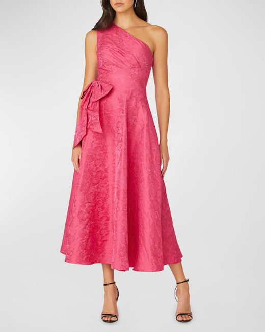 Shoshanna Pink Gaia One-Shoulder Floral Jacquard Midi Dress
