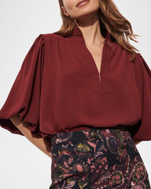 Figue Red Dani Lantern-Sleeve Split-Neck Top